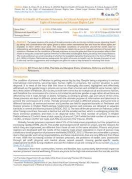 Right to Health of Female Prisoners: a Critical Analysis of KP Prison Act in the Light of International Human Rights Law