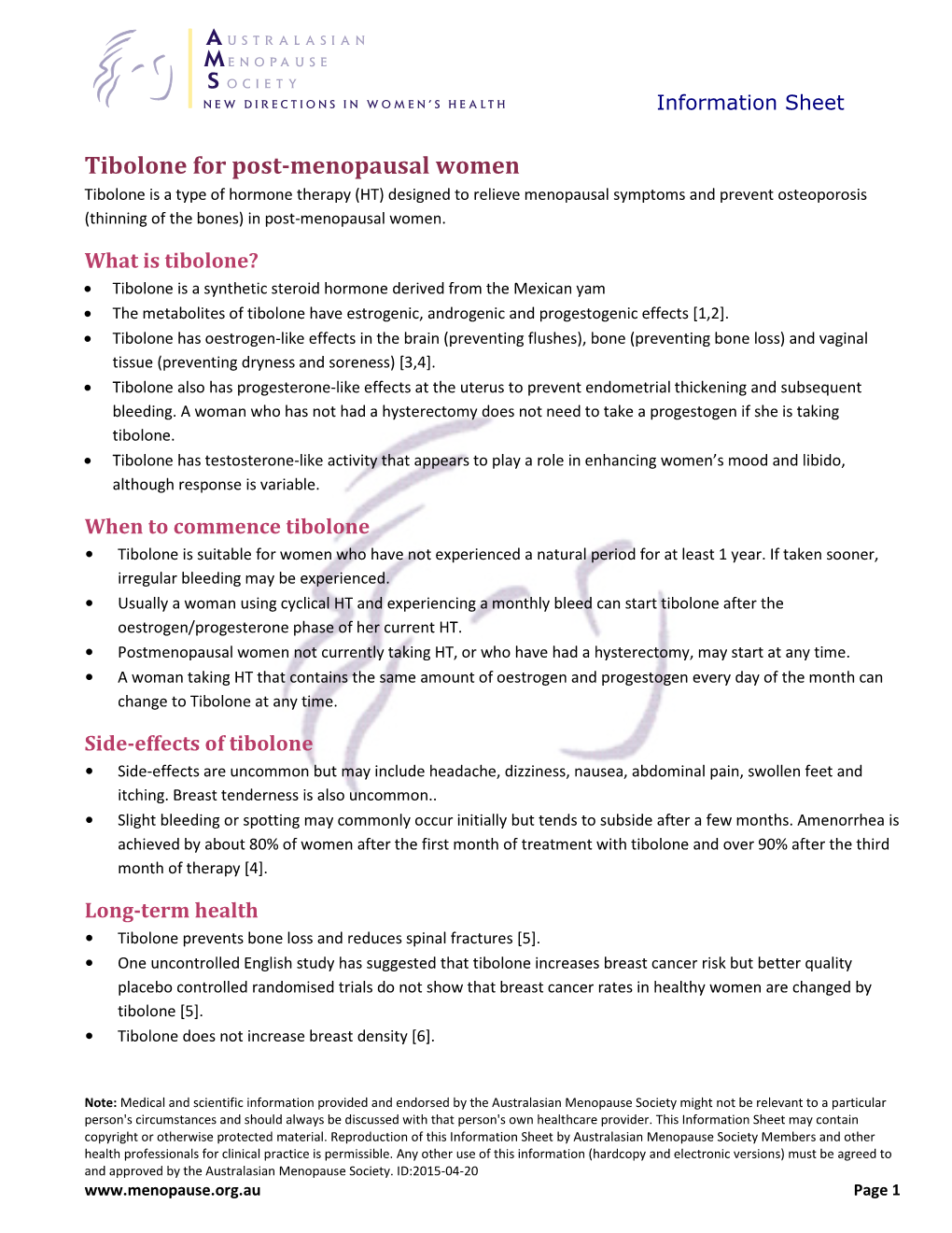 Tibolone for Post-Menopausal Women