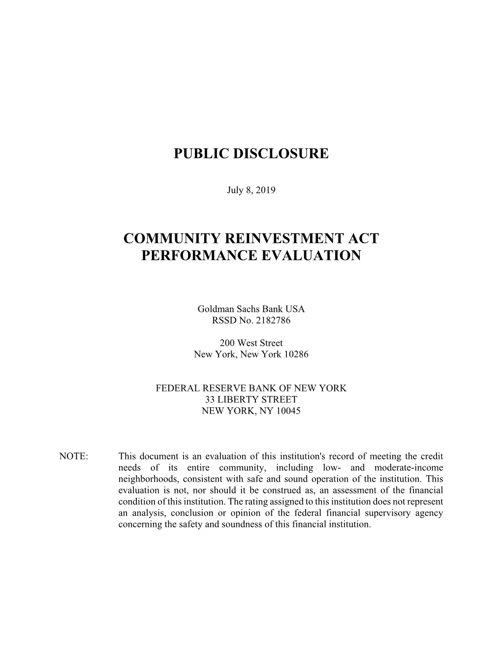 Community Reinvestment Act Performance Evaluation