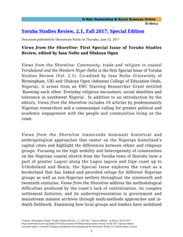 Yoruba Studies Review, 2,1, Fall 2017: Special Edition