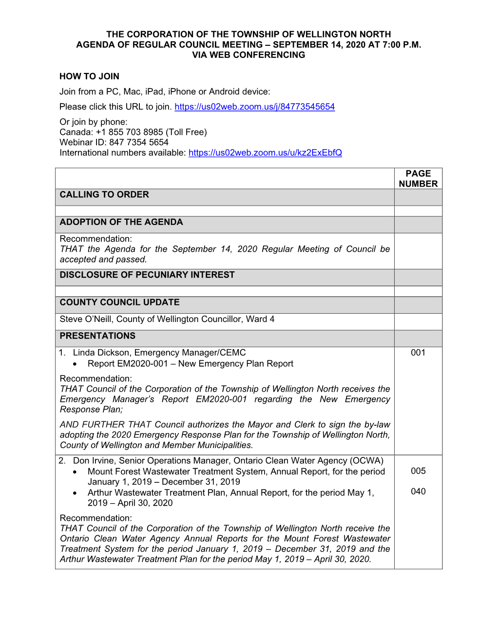 The Corporation of the Township of Wellington North Agenda of Regular Council Meeting – September 14, 2020 at 7:00 P.M