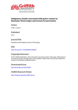 Indigenous Deaths in Police Custody Indigenous Deaths Associated with Police Contact in Australia