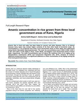 Arsenic Concentration in Rice Grown from Three Local Government Areas of Kano, Nigeria