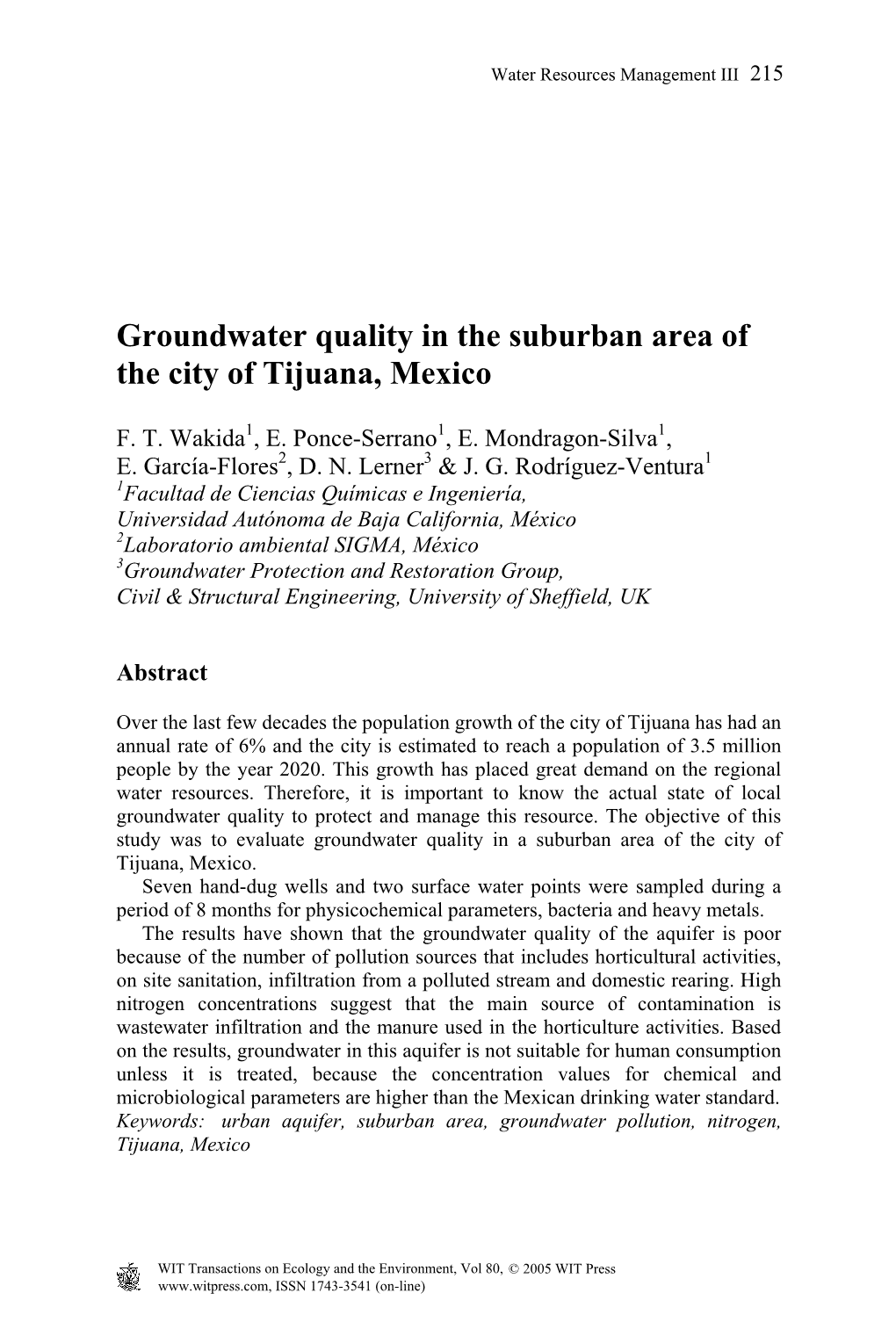 Groundwater Quality in the Suburban Area of the City of Tijuana, Mexico