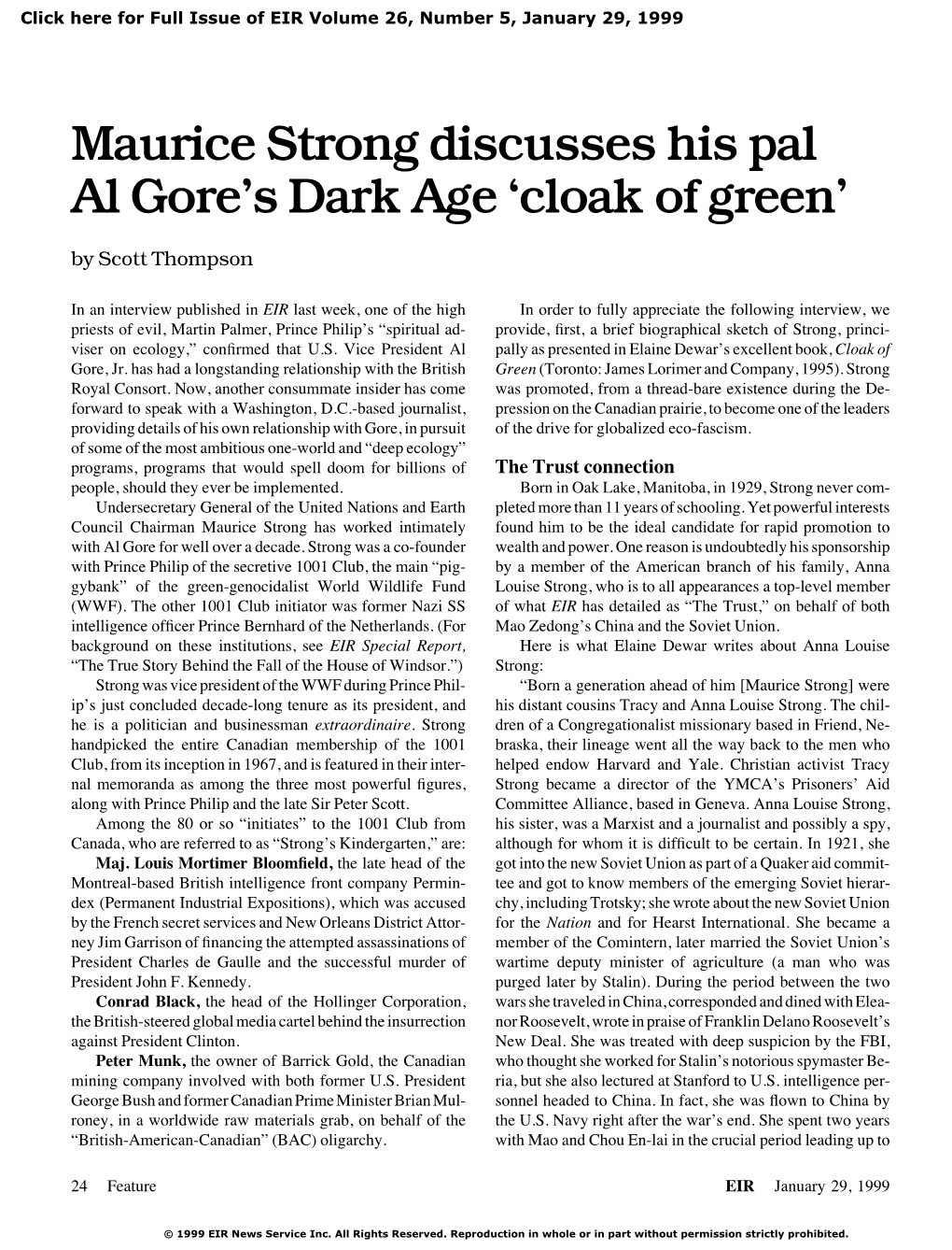 Maurice Strong Discusses His Pal Al Gore's Dark Age 'Cloak of Green'