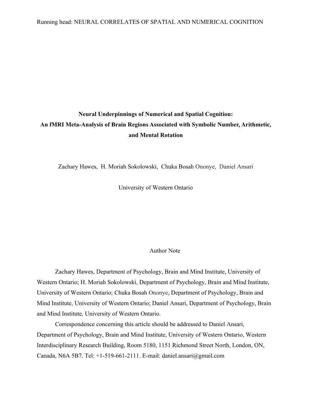 Running Head: NEURAL CORRELATES of SPATIAL and NUMERICAL COGNITION