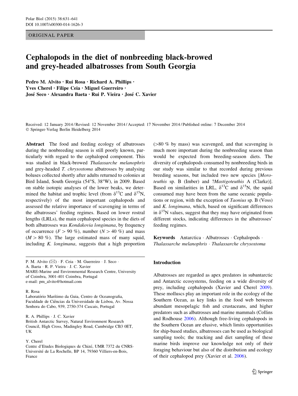 Cephalopods in the Diet of Nonbreeding Black-Browed and Grey-Headed Albatrosses from South Georgia