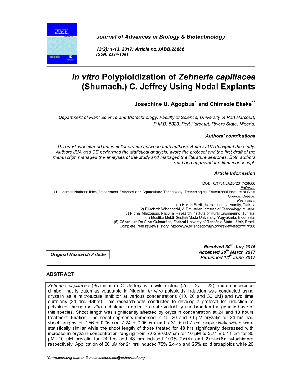 In Vitro Polyploidization of Zehneria Capillacea (Shumach.) C