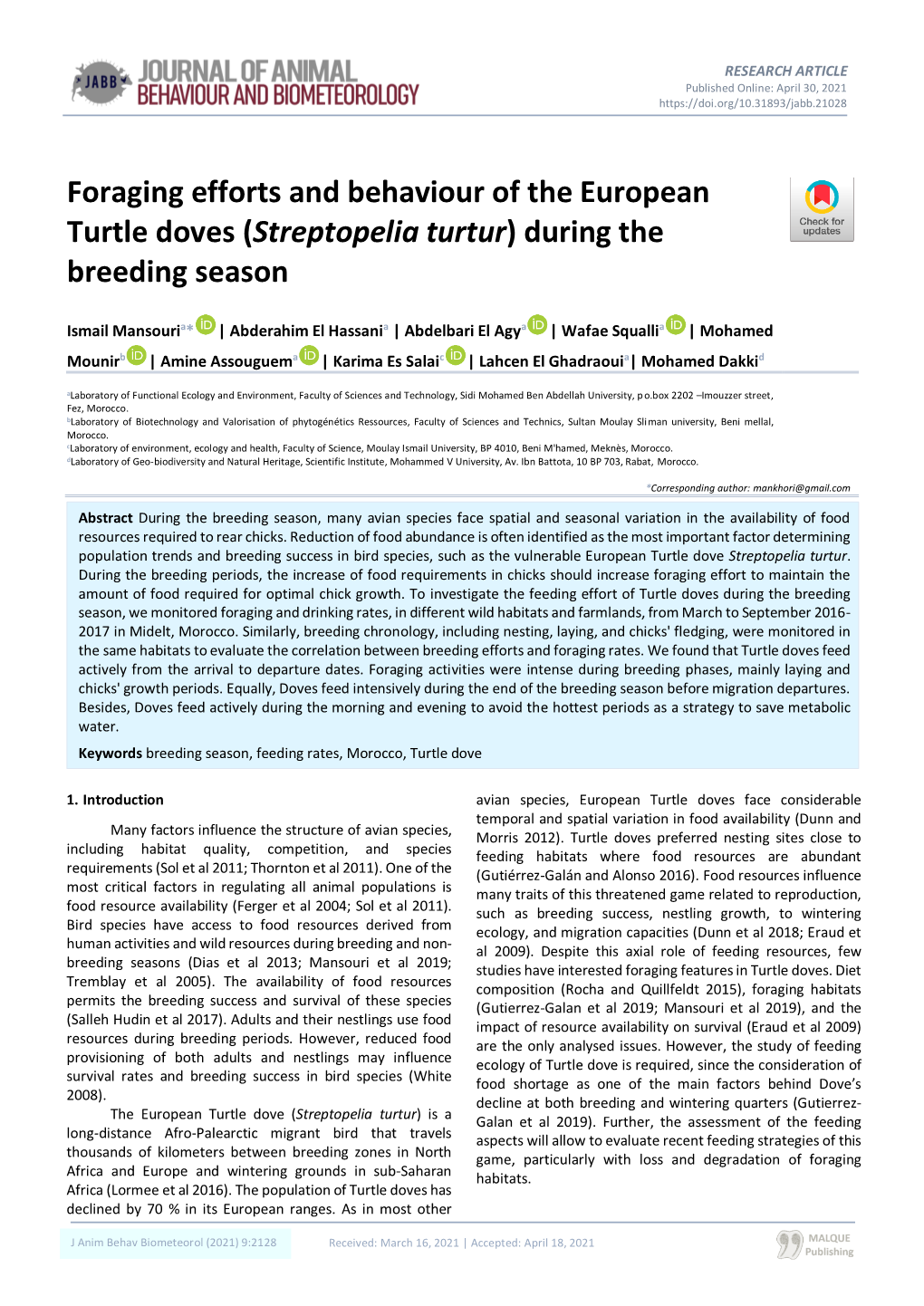 Foraging Efforts and Behaviour of the European Turtle Doves (Streptopelia Turtur) During the Breeding Season