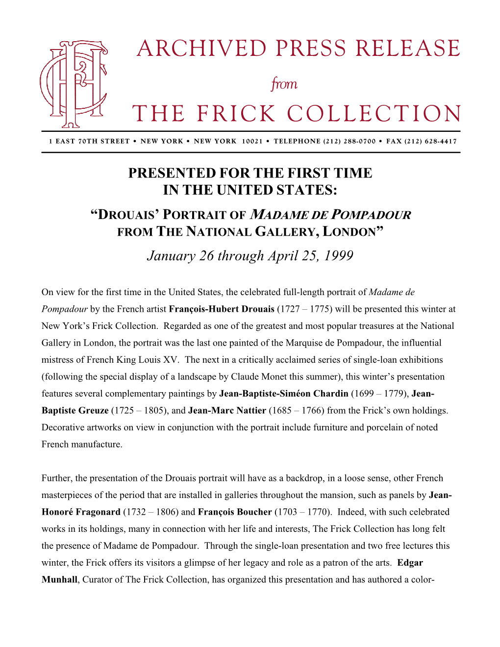 Archived Press Release the Frick Collection