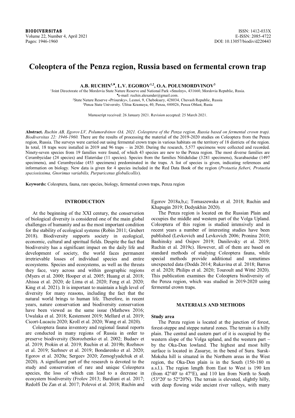 Coleoptera of the Penza Region, Russia Based on Fermental Crown Trap