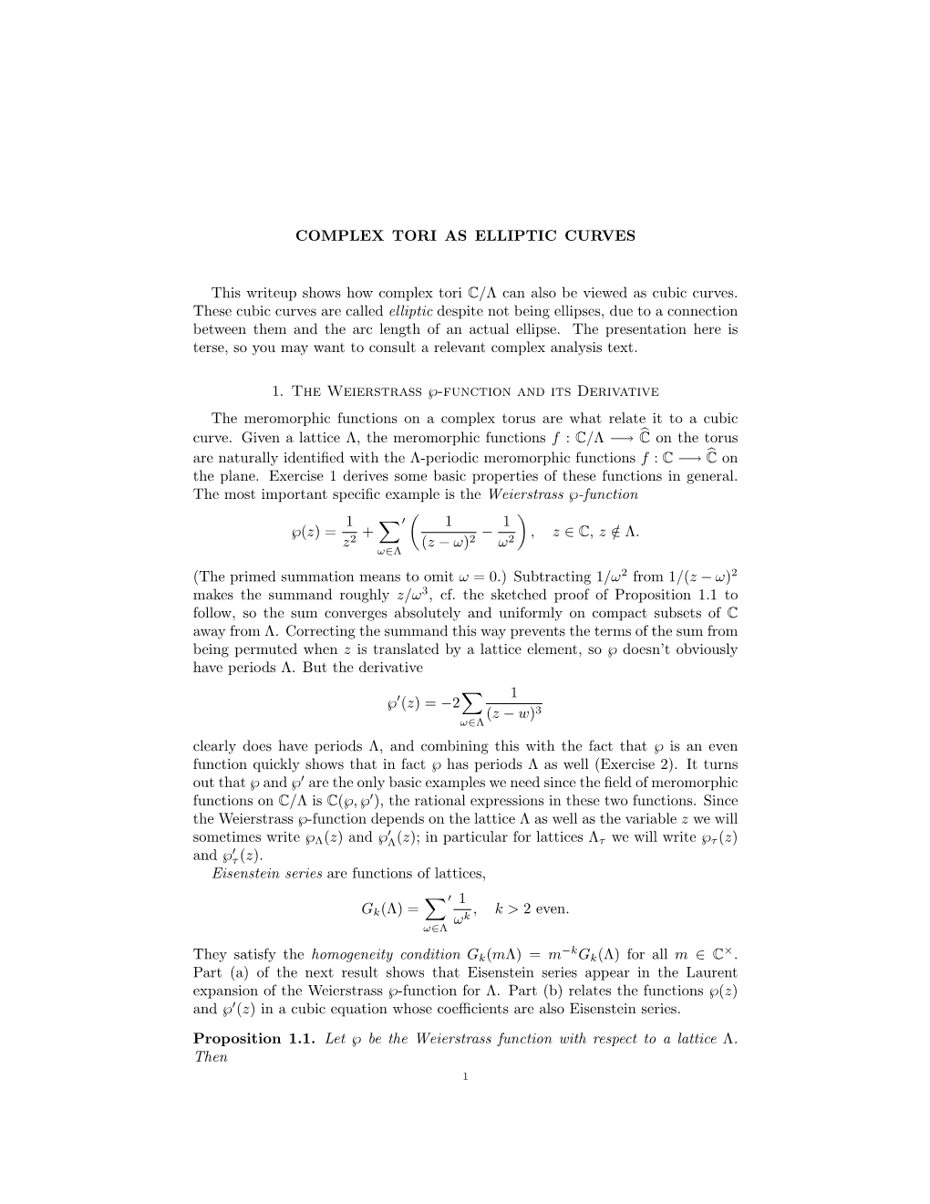 COMPLEX TORI AS ELLIPTIC CURVES This Writeup Shows How