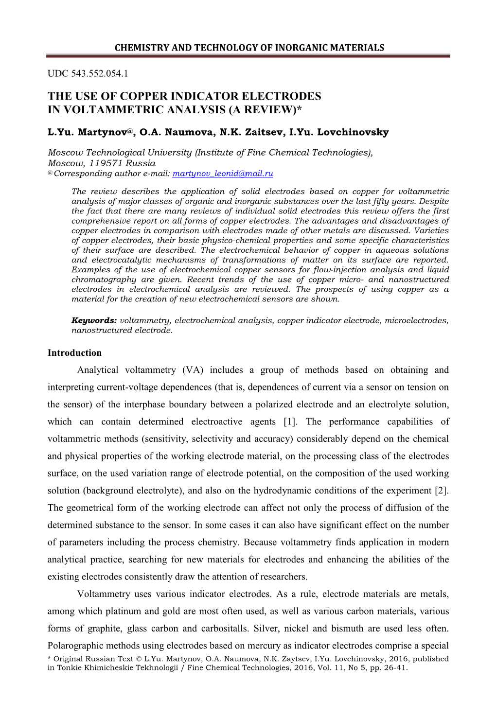 The Use of Copper Indicator Electrodes in Voltammetric Analysis (A Review)*