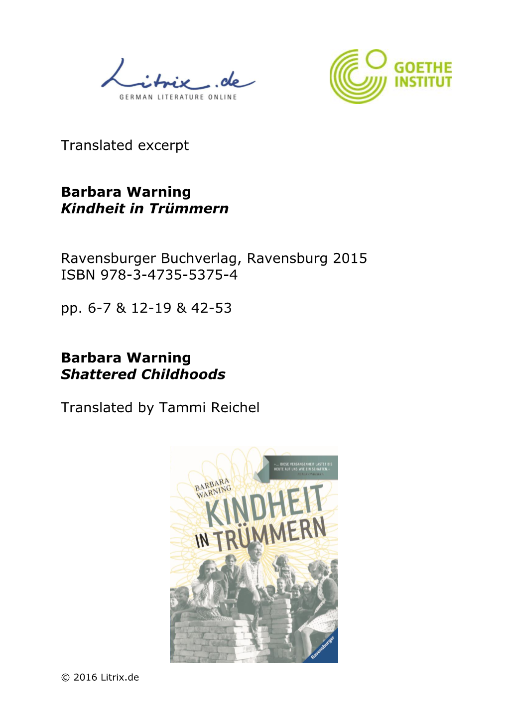 Translated Excerpt Barbara Warning Kindheit in Trümmern