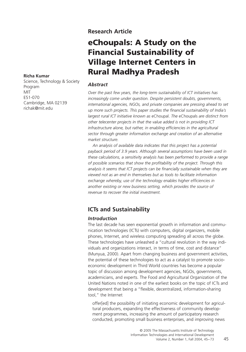 Echoupals: a Study on the Financial Sustainability of Village Internet