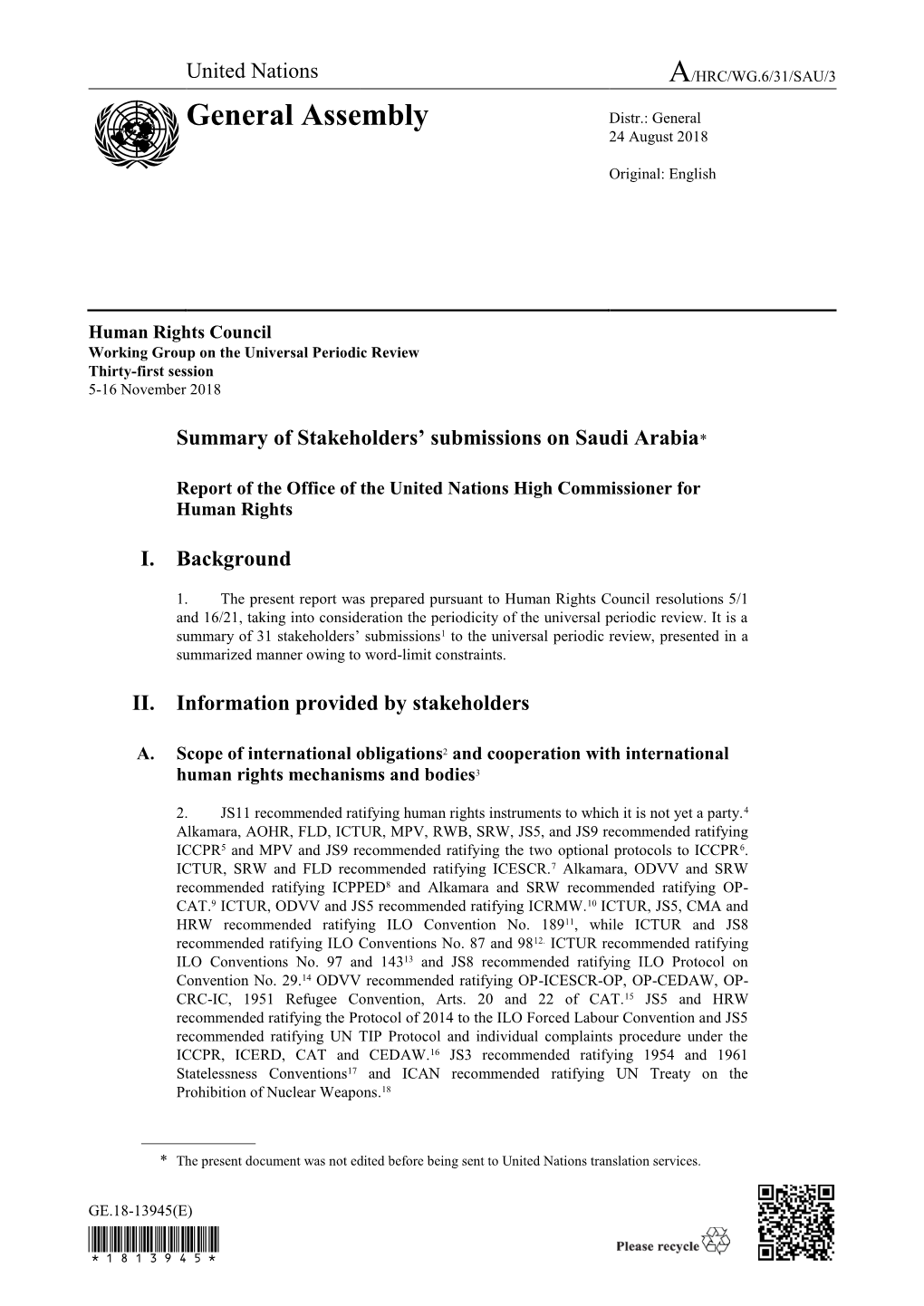 Summary of Stakeholders' Submissions on Saudi Arabia