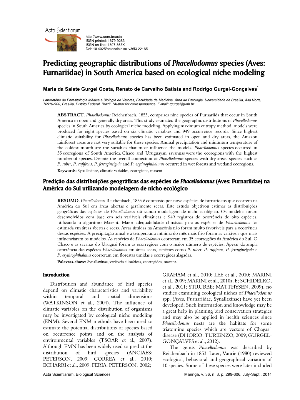 Predicting Geographic Distributions of Phacellodomus Species (Aves: Furnariidae) in South America Based on Ecological Niche Modeling