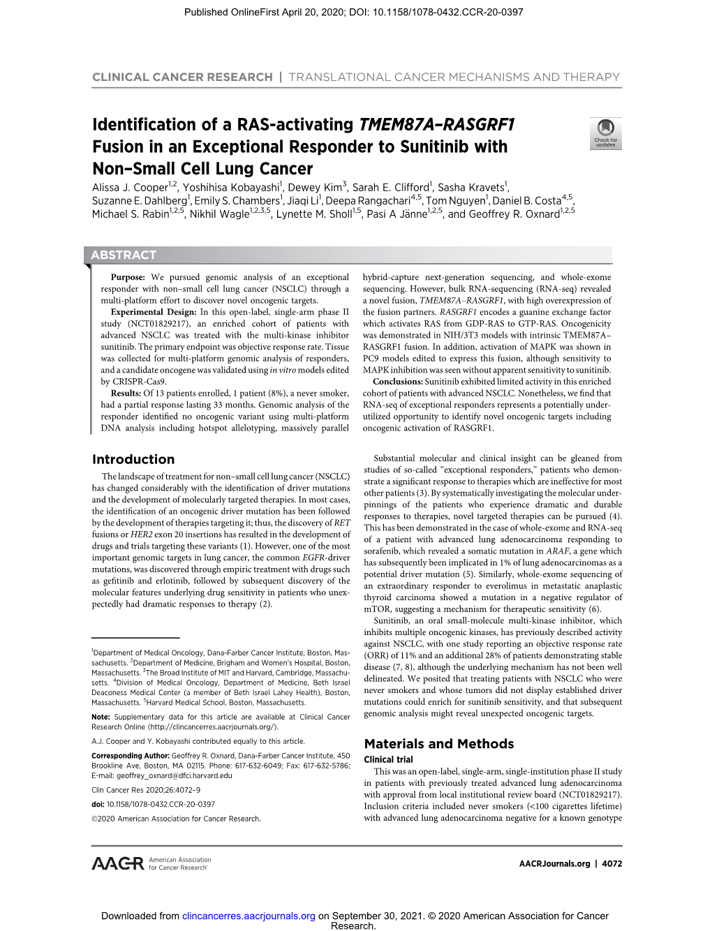 Identification of a RAS-Activating TMEM87A–RASGRF1 Fusion in An