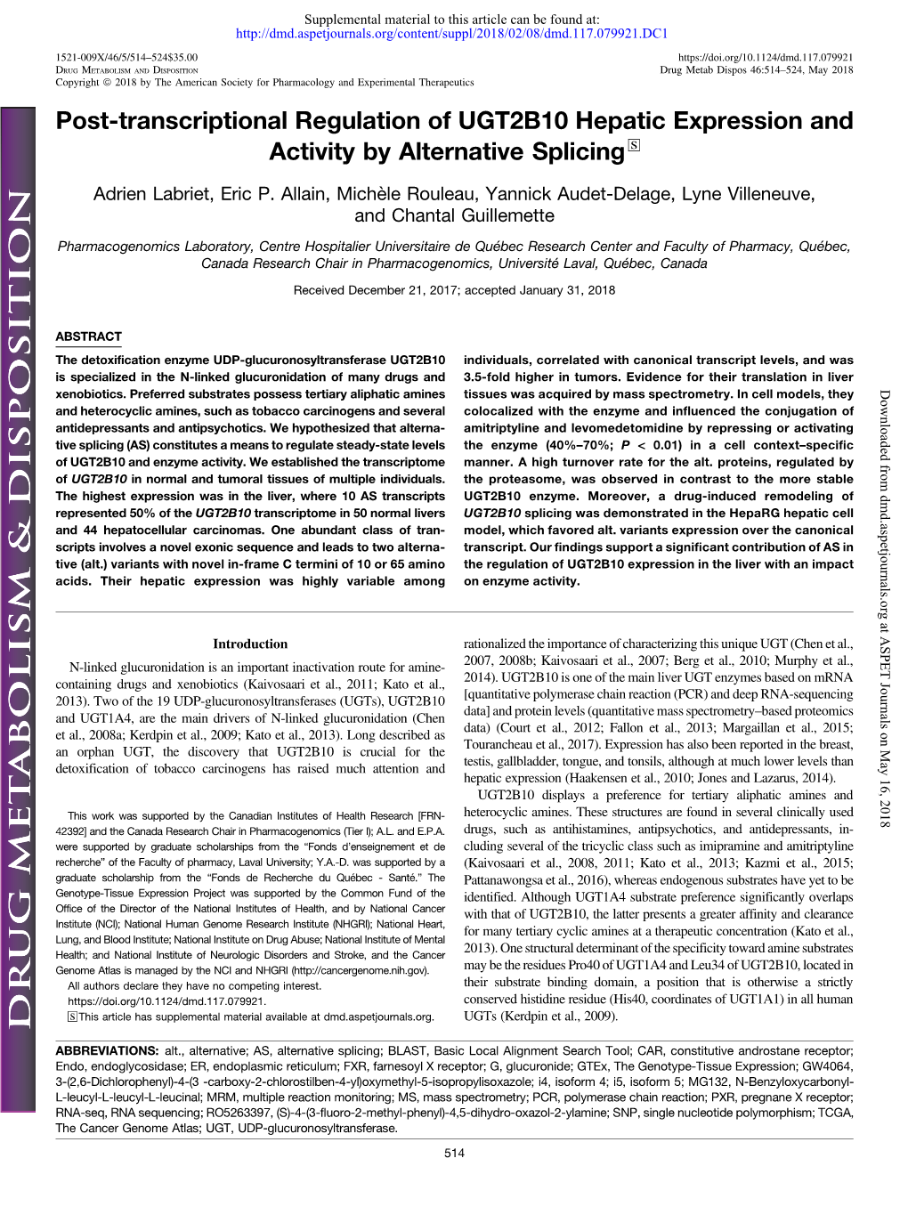 Post-Transcriptional Regulation of UGT2B10 Hepatic Expression and Activity by Alternative Splicing S