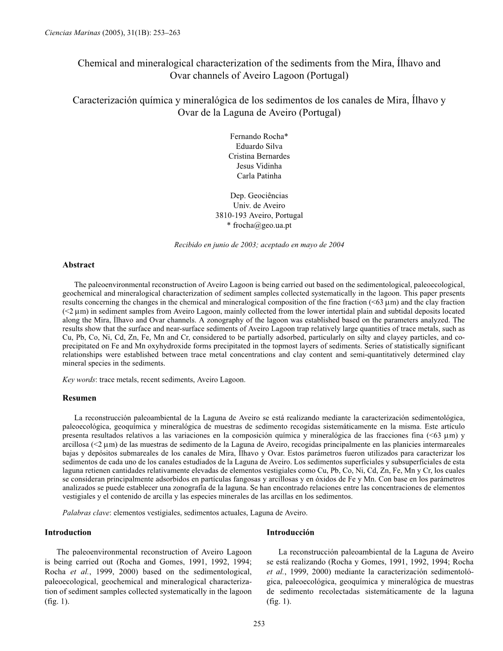 Chemical and Mineralogical Characterization of the Sediments from the Mira, Ílhavo and Ovar Channels of Aveiro Lagoon (Portugal)