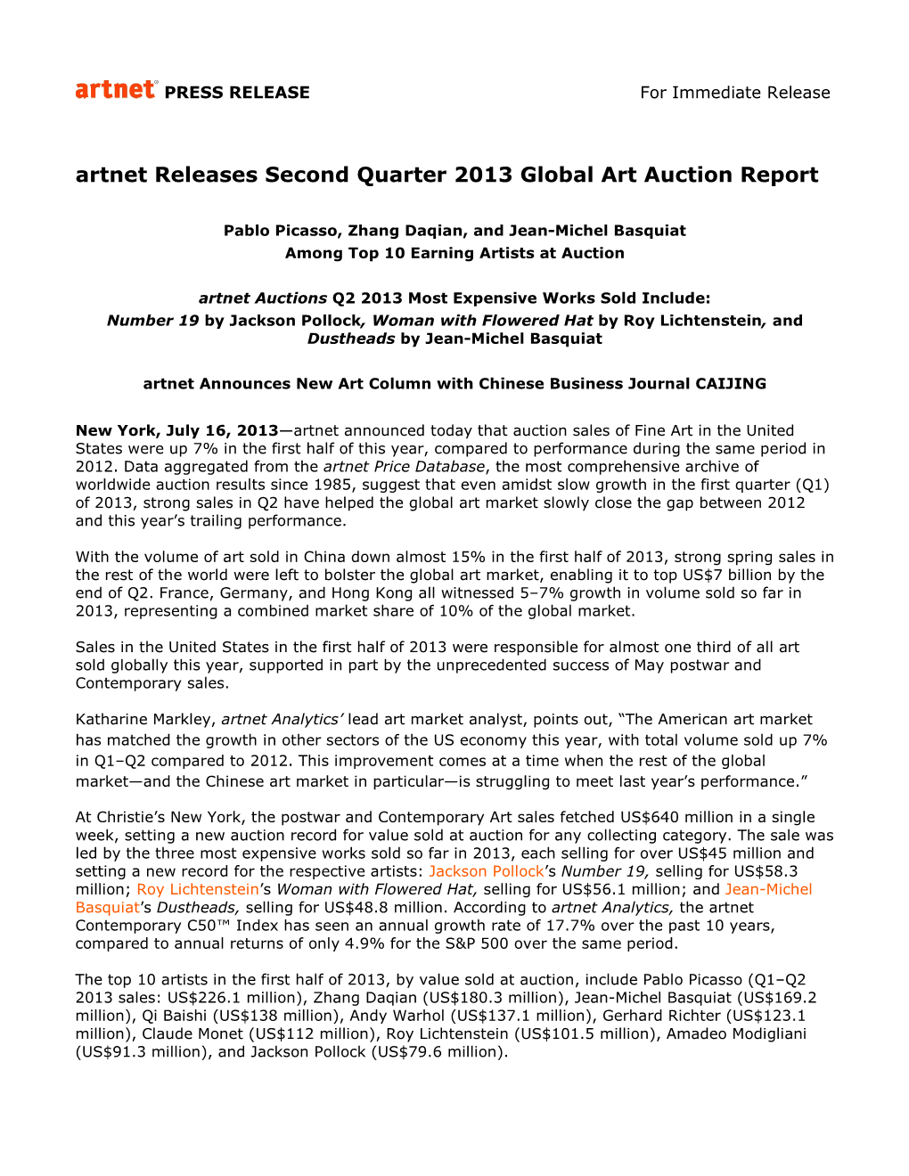 Second Quarter 2013 Global Art Auction Report