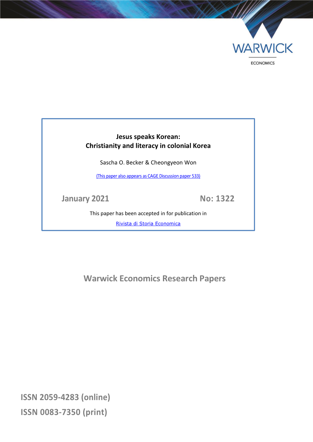 Warwick Economics Research Papers ISSN 2059-4283 (Online)