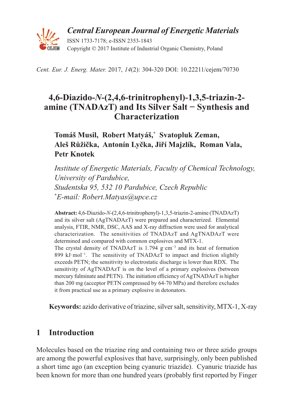 (2,4,6-Trinitrophenyl)-1,3,5-Triazin-2- Amine (Tnadazt) and Its Silver Salt − Synthesis and Characterization