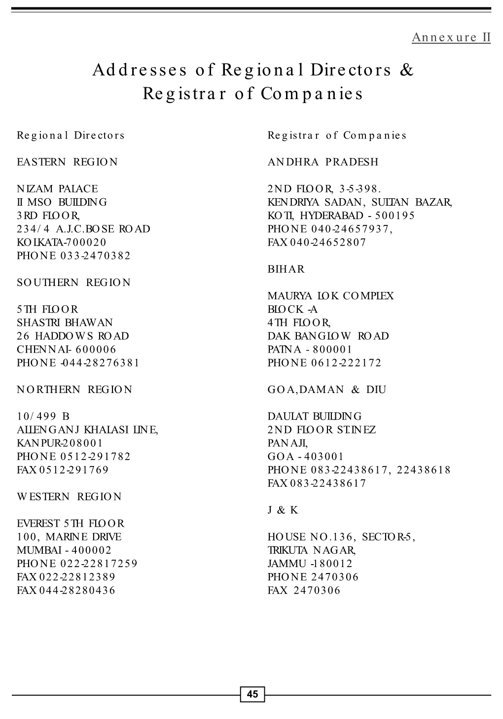 Addresses of Regional Directors & Registrar of Companies