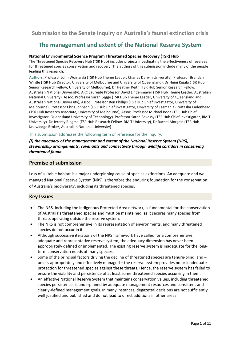 The Management and Extent of the National Reserve System