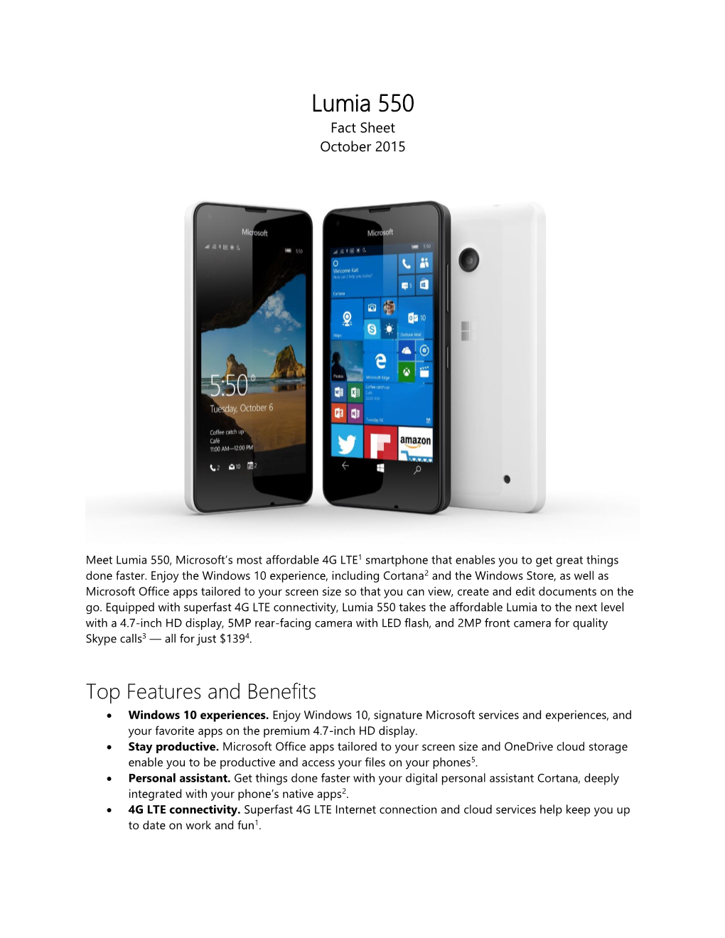 Lumia 550 Fact Sheet October 2015