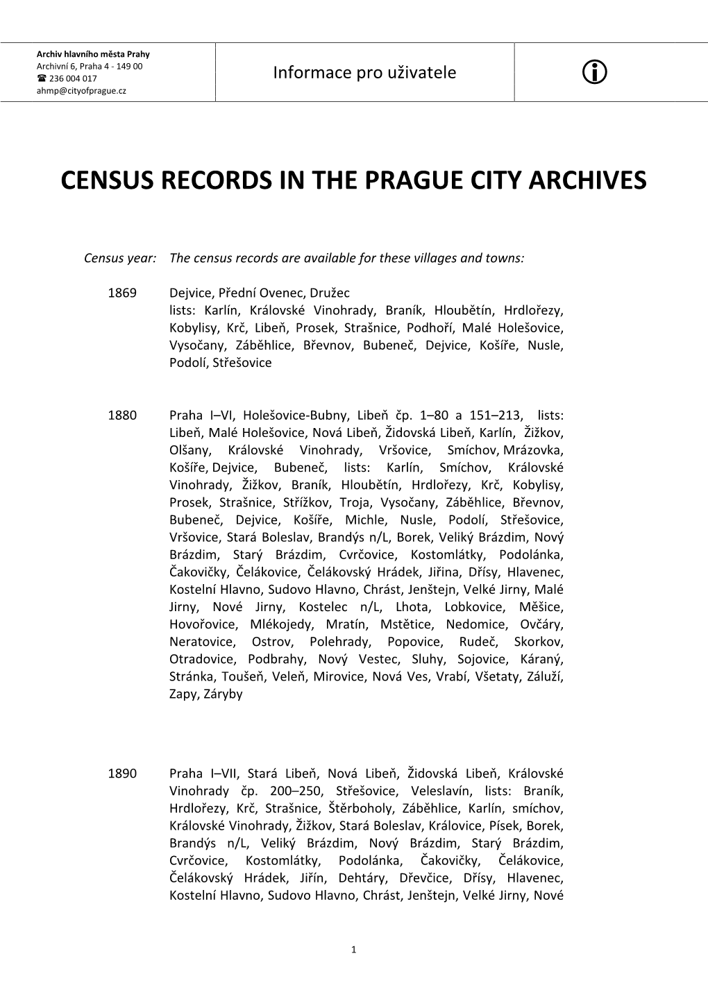 Census Records in the Prague City Archives