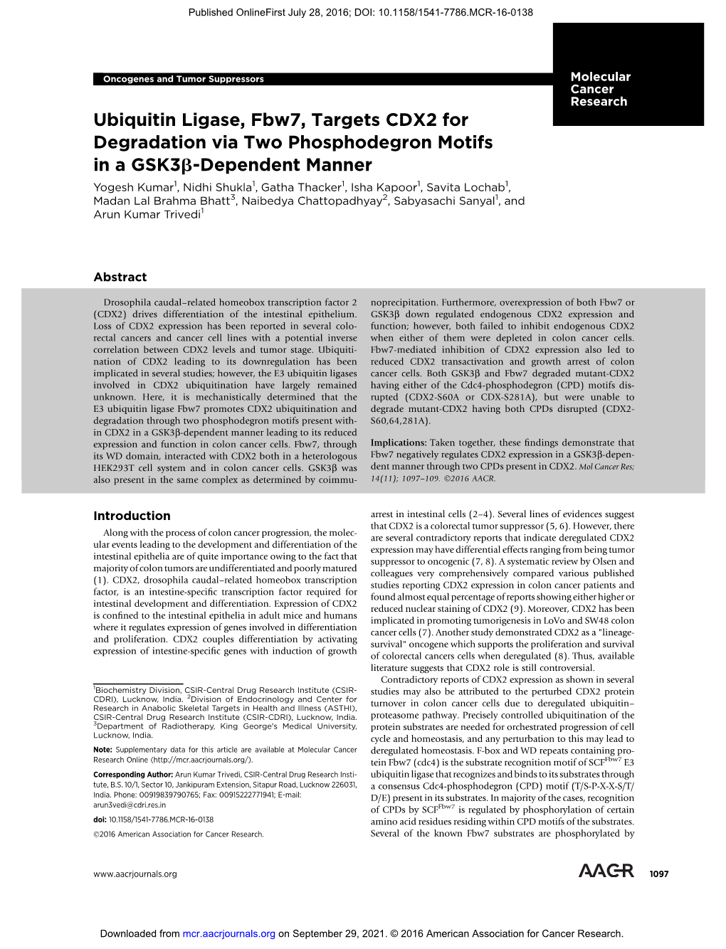 Ubiquitin Ligase, Fbw7, Targets CDX2 for Degradation Via Two