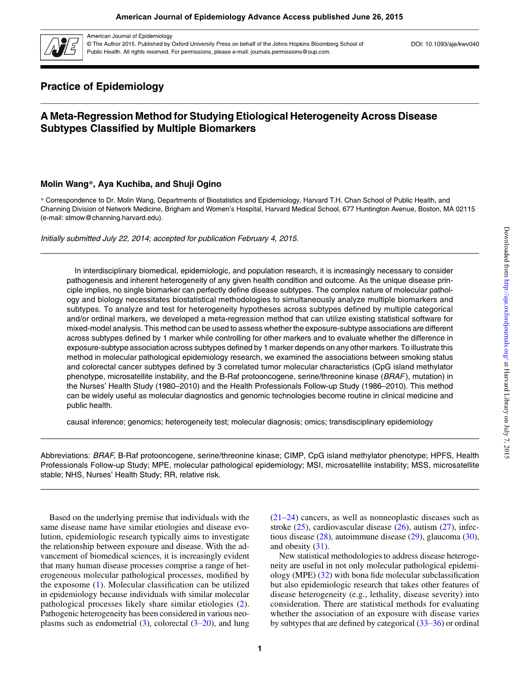 Practice of Epidemiology a Meta-Regression Method for Studying Etiological Heterogeneity Across Disease Subtypes Classified by M