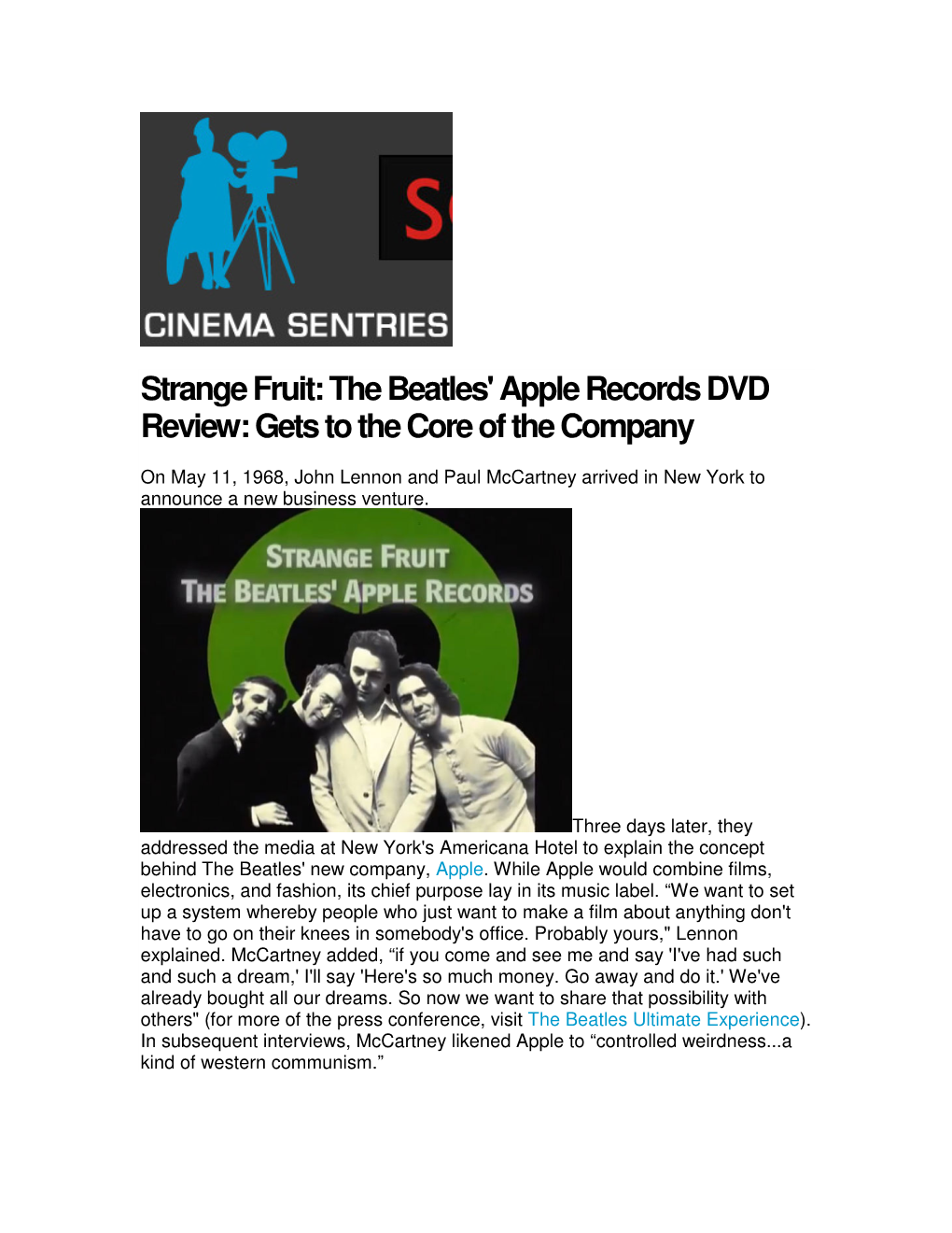 Strange Fruit: the Beatles' Apple Records DVD Review: Gets to the Core of the Company