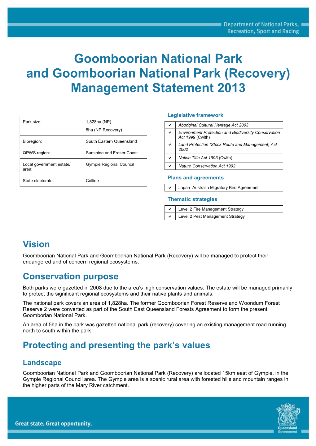 Goomboorian National Park and Goomboorian National Park (Recovery) Management Statement 2013