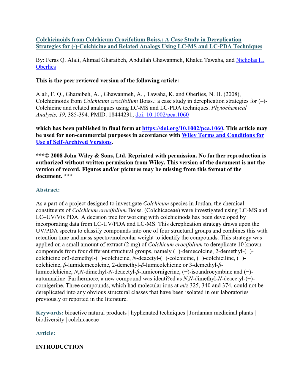 Colchicine and Related Analogs Using LC-MS and LC-PDA Techniques