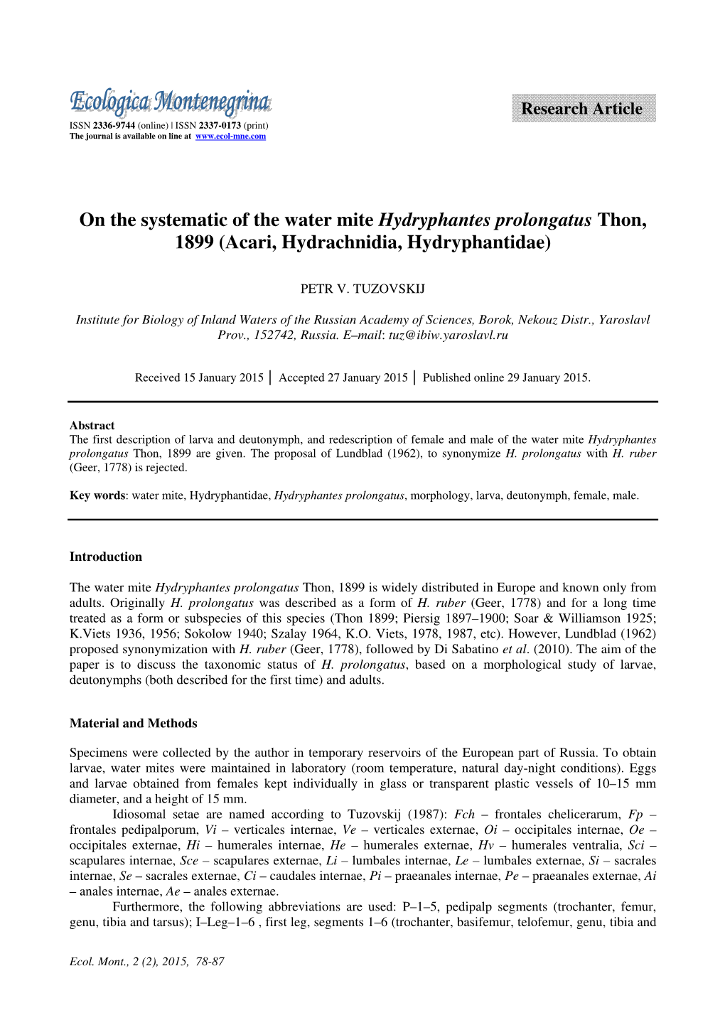 On the Systematic of the Water Mite Hydryphantes Prolongatus Thon, 1899 (Acari, Hydrachnidia, Hydryphantidae)