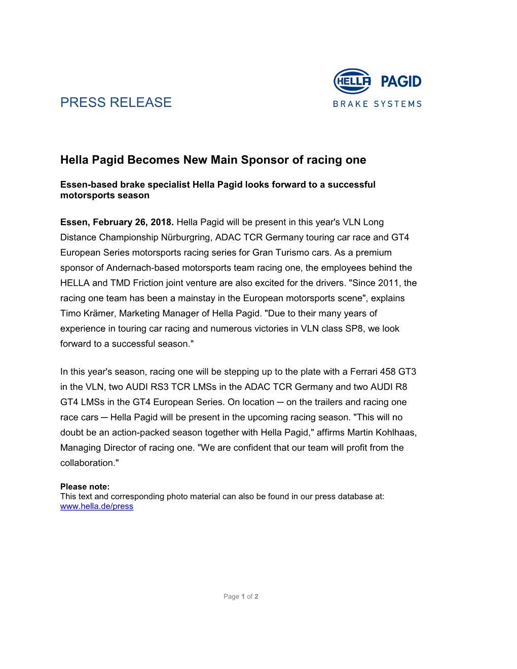 Hella Pagid Becomes New Main Sponsor of Racing One