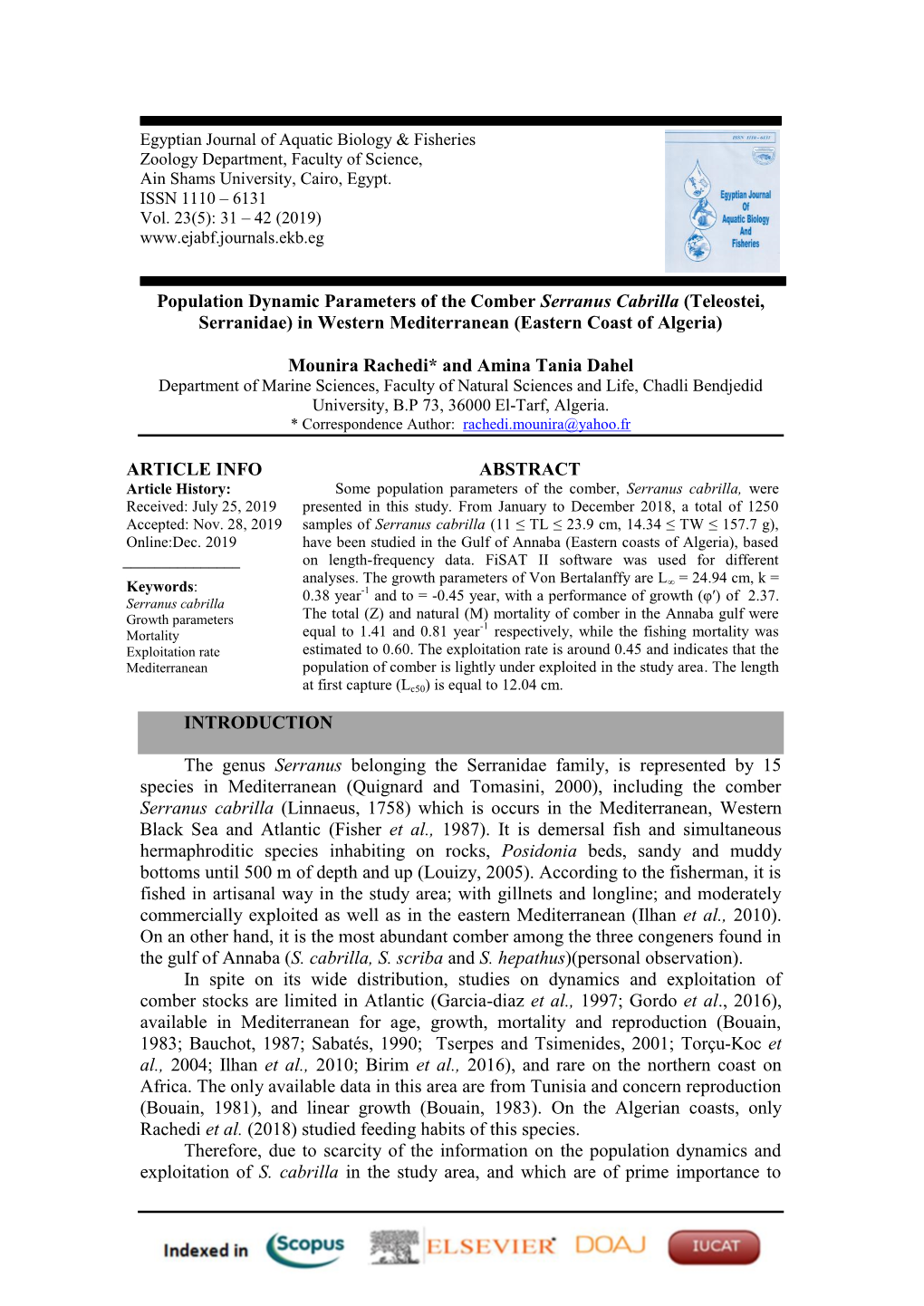 Population Dynamic Parameters of the Comber Serranus Cabrilla (Teleostei, Serranidae) in Western Mediterranean (Eastern Coast of Algeria)