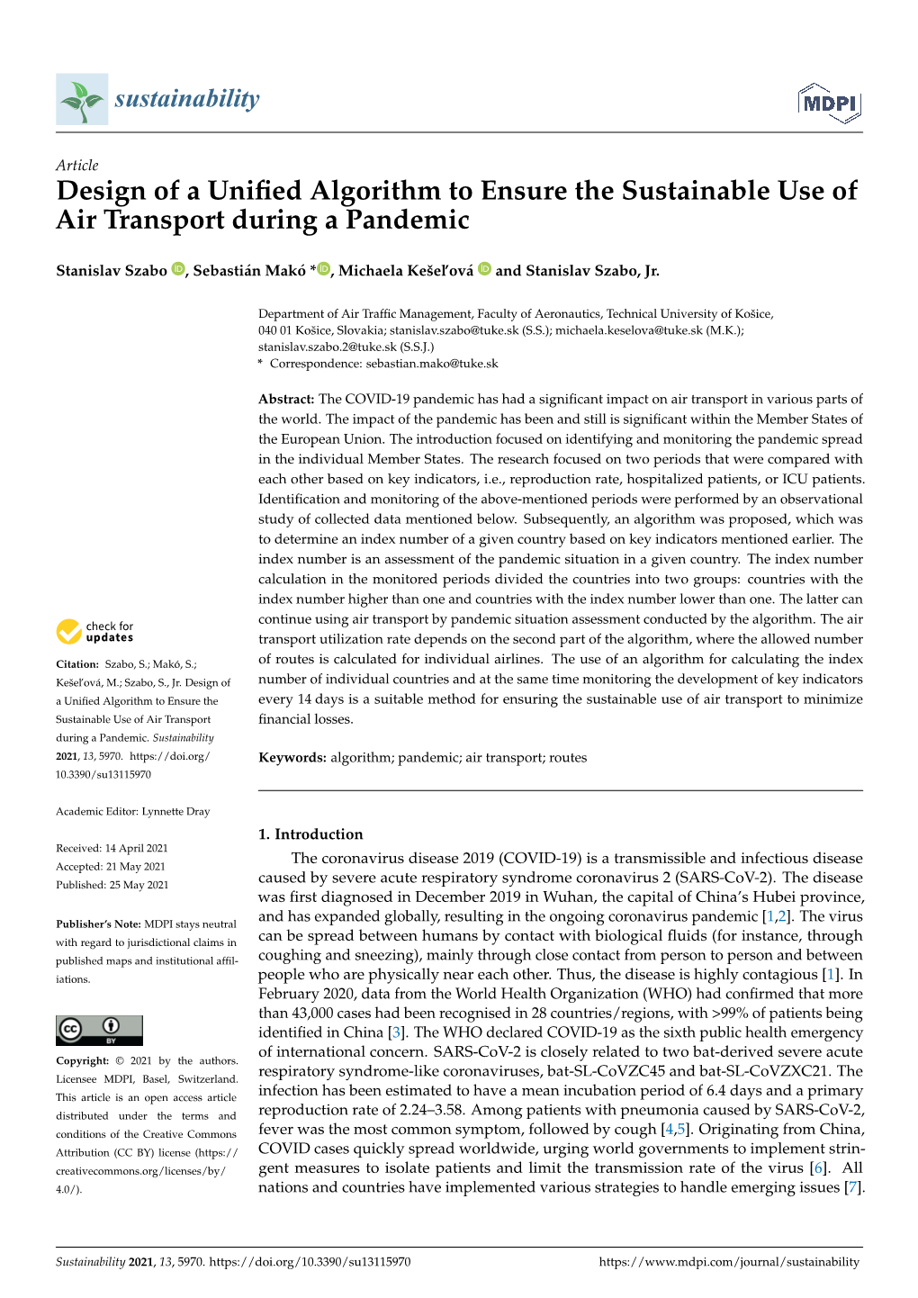 Design of a Unified Algorithm to Ensure the Sustainable Use of Air