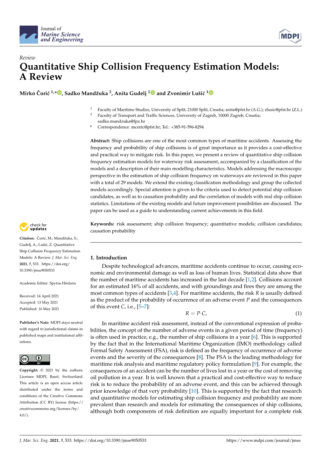 Quantitative Ship Collision Frequency Estimation Models: a Review