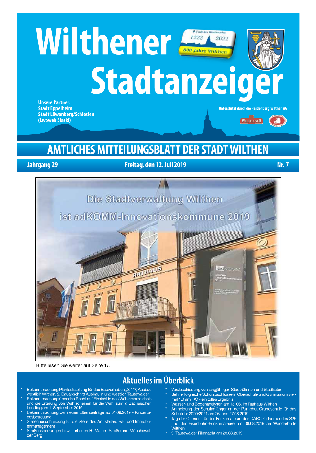 AMTLICHES MITTEILUNGSBLATT DER STADT WILTHEN Jahrgang 29 Freitag, Den 12