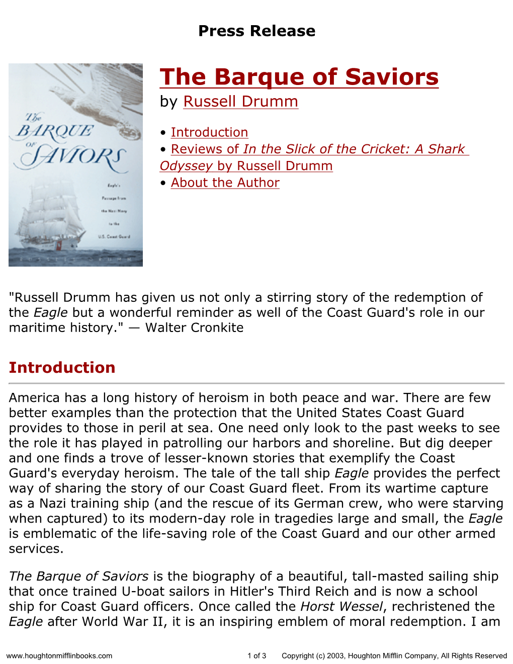 Press Release for the Barque of Saviors Published by Houghton