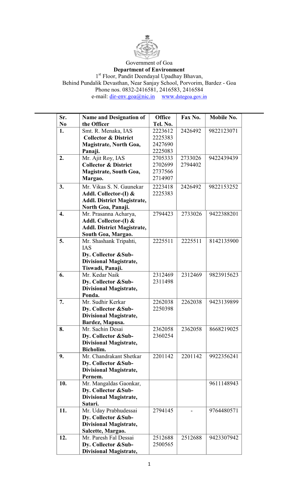 Government of Goa Department of Environment 1