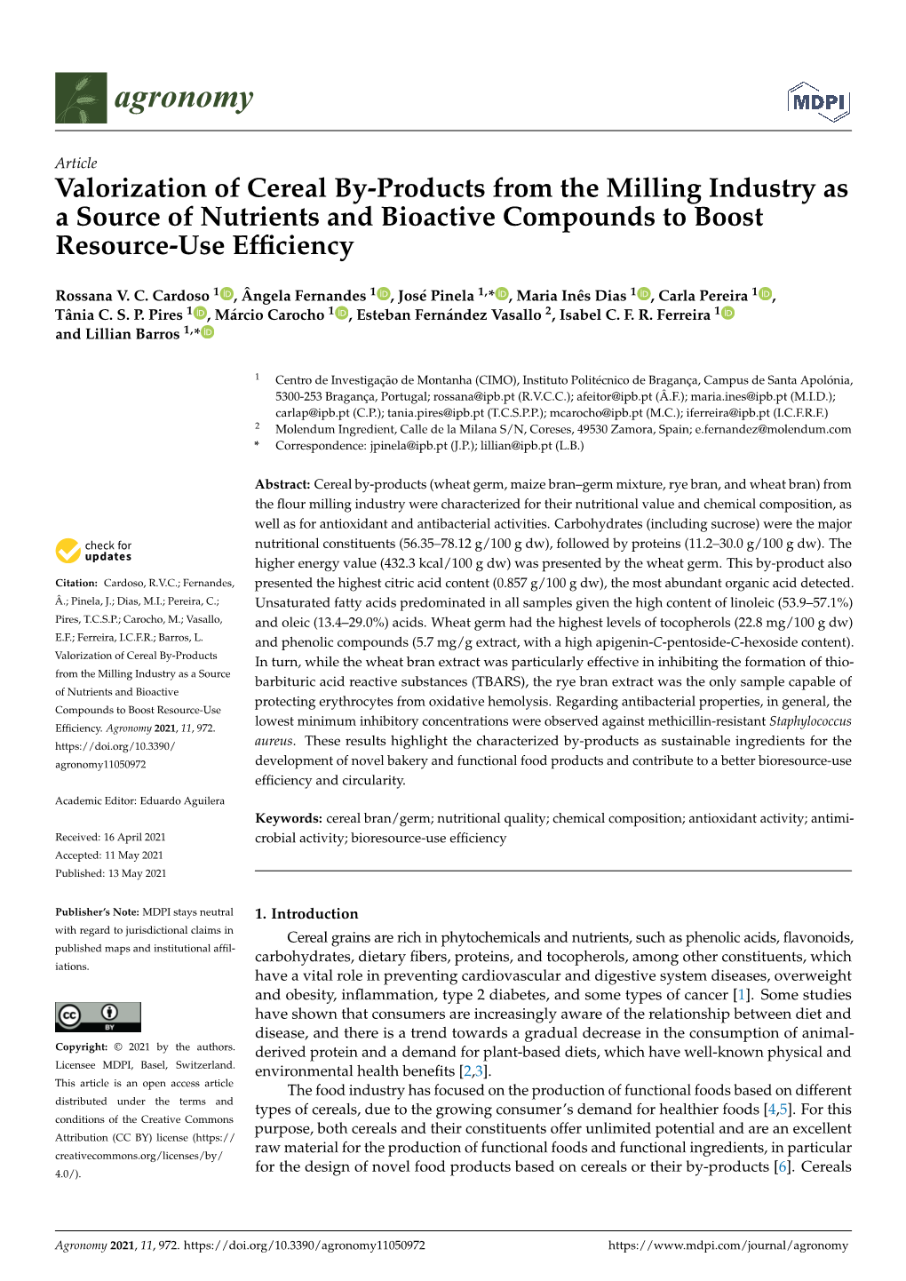 Valorization of Cereal By-Products from the Milling Industry As a Source of Nutrients and Bioactive Compounds to Boost Resource-Use Efﬁciency