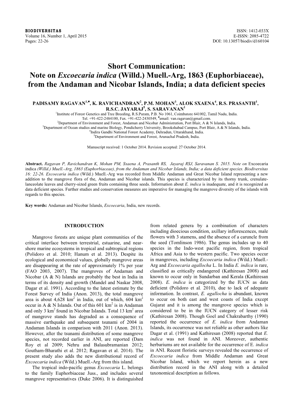 Note on Excoecaria Indica (Willd.) Muell.-Arg, 1863 (Euphorbiaceae), from the Andaman and Nicobar Islands, India; a Data Deficient Species