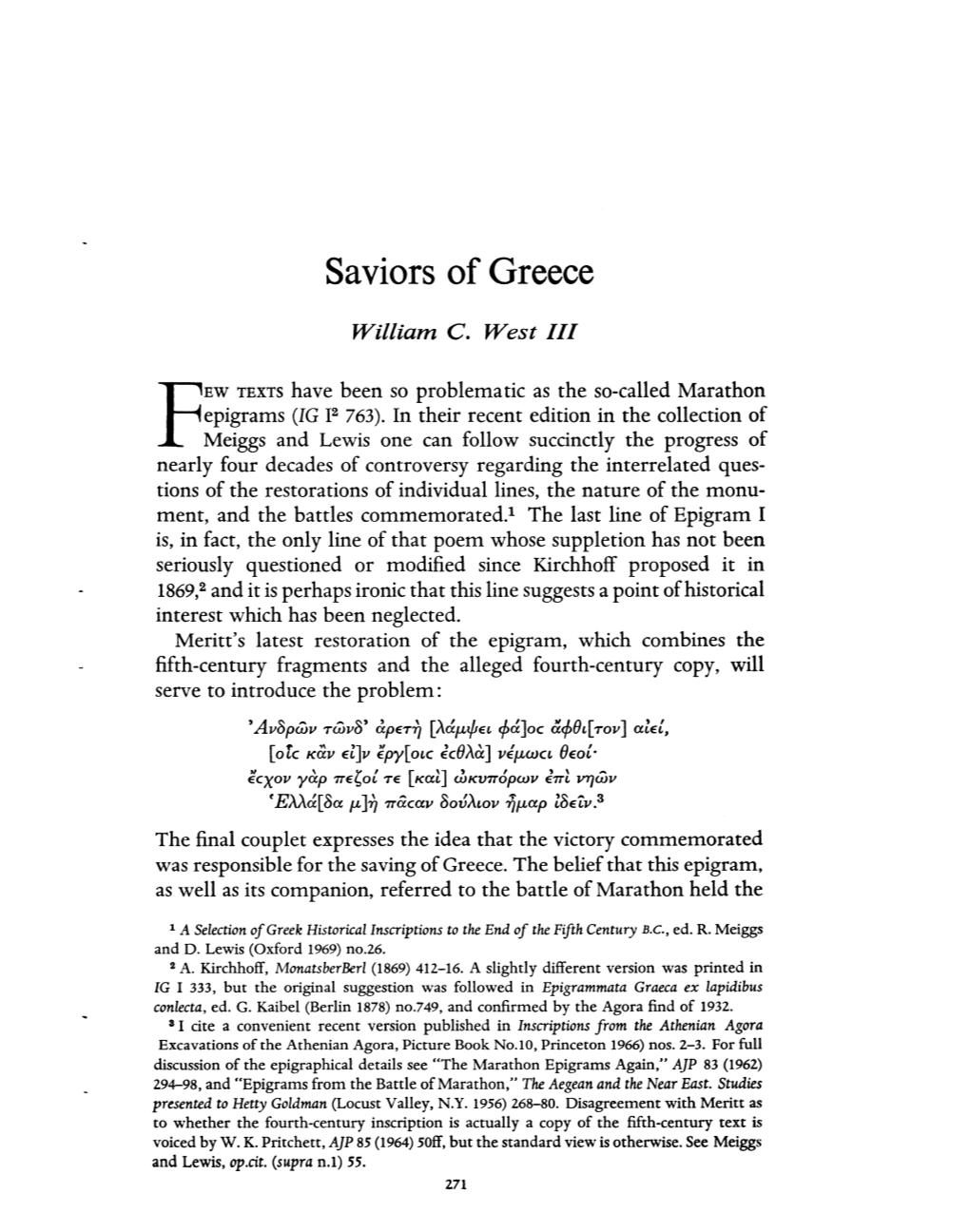 Saviors of Greece West, William C Greek, Roman and Byzantine Studies; Winter 1970; 11, 4; Proquest Pg