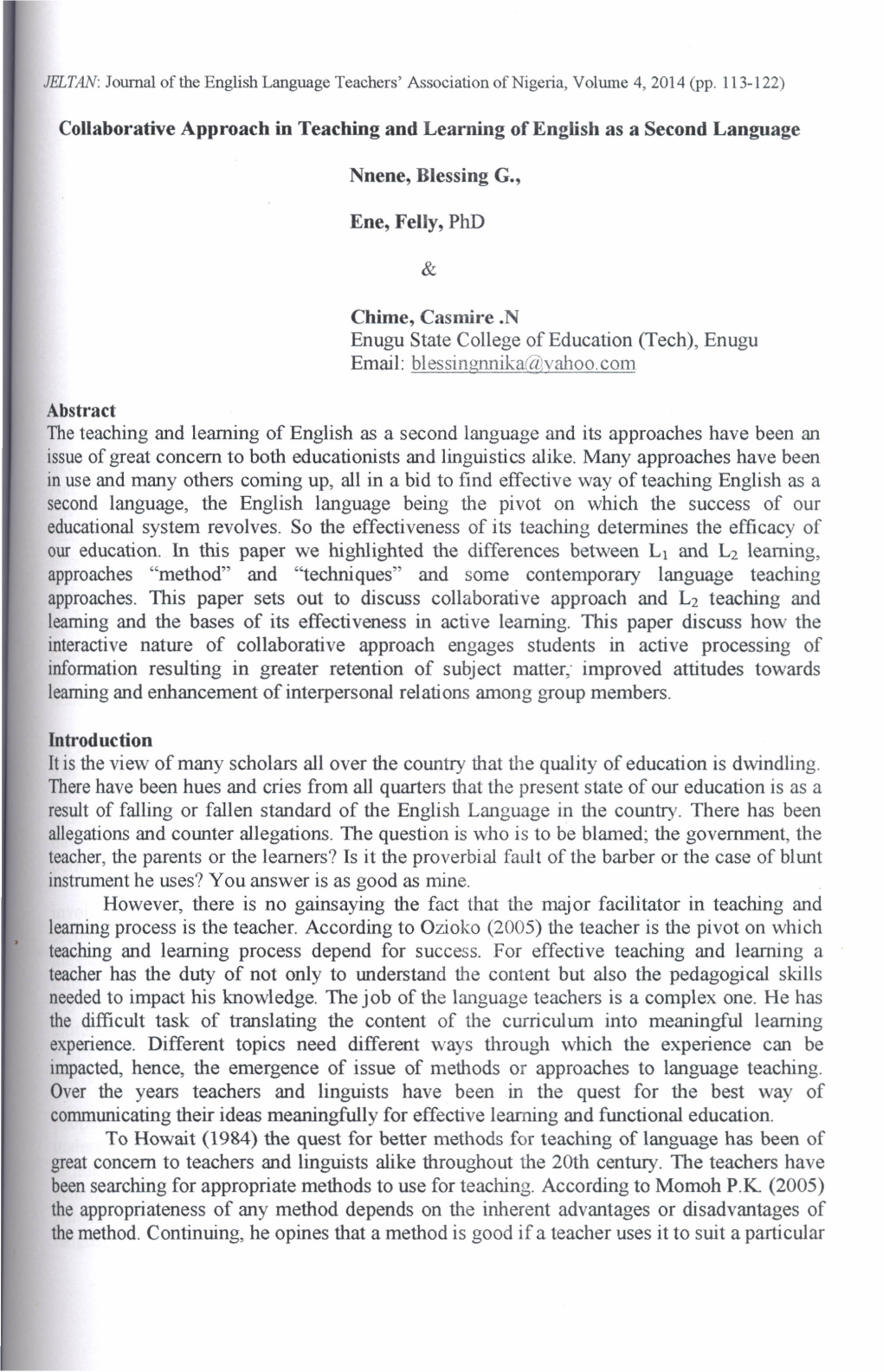 Collaborative Approach in Teaching and Learning of English As a Second Language