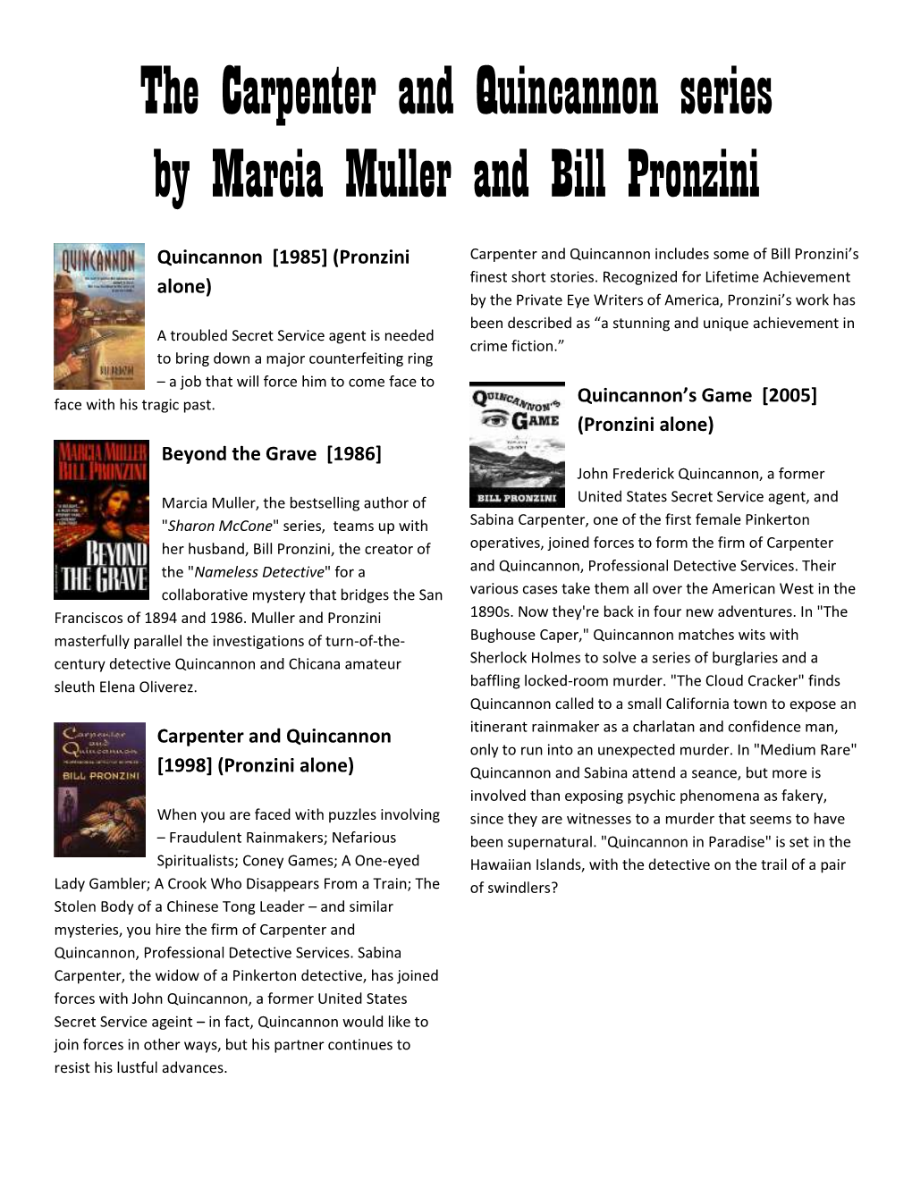 The Carpenter and Quincannon Series by Marcia Muller and Bill Pronzini