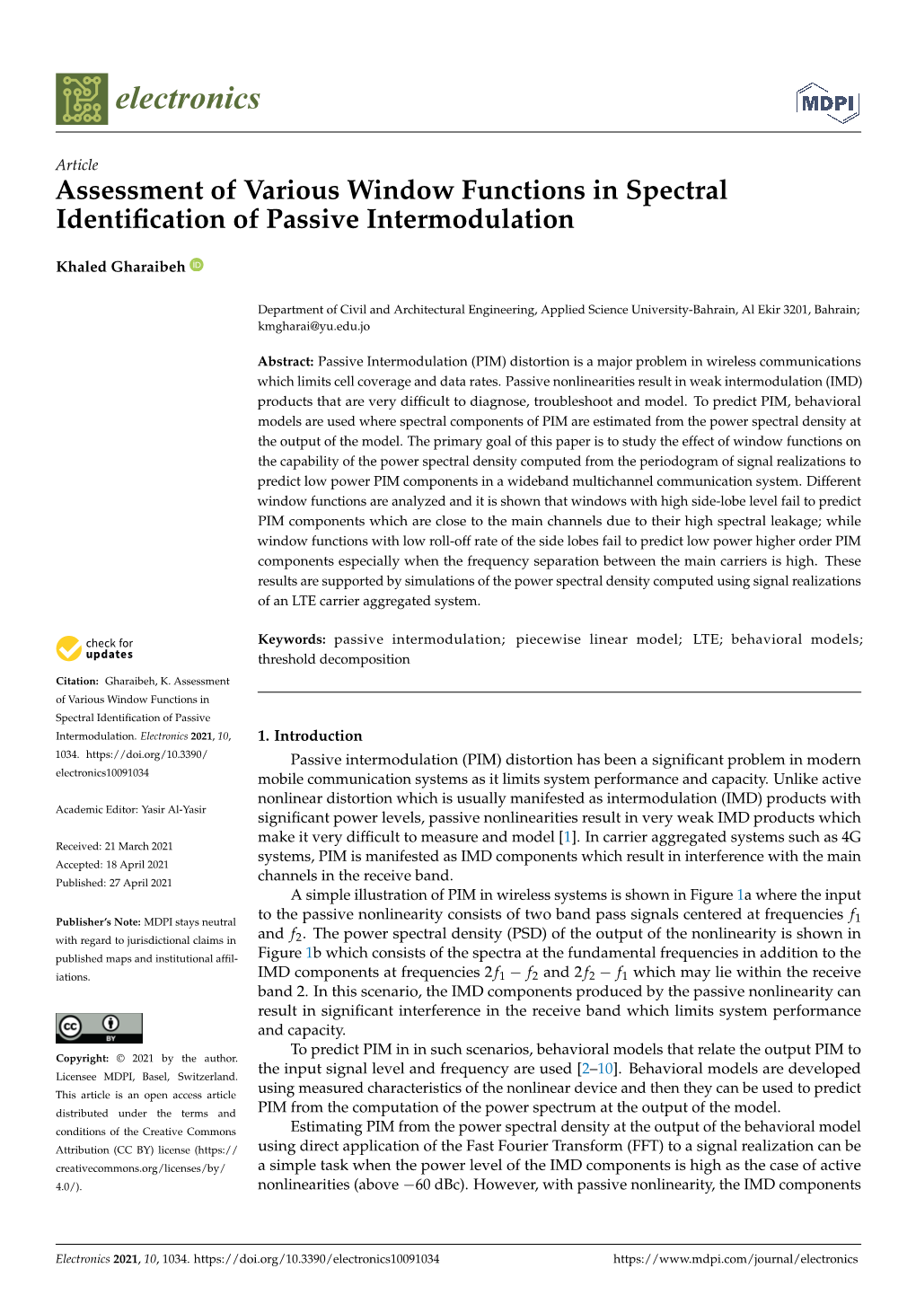 Assessment of Various Window Functions in Spectral Identification of Passive Intermodulation